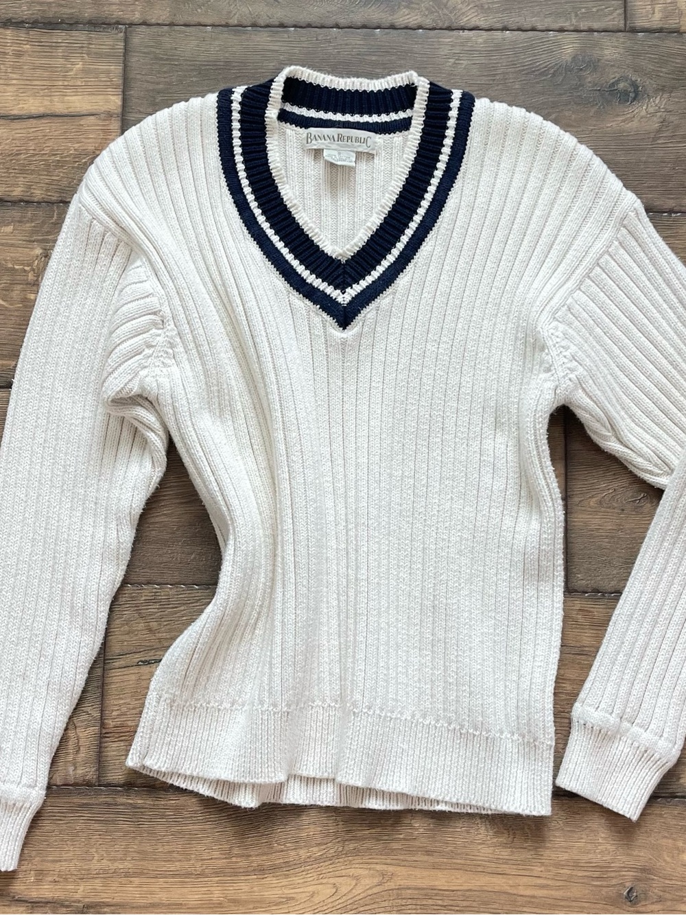 Banana Republic Cream V-Neck Sweater with Navy Stripe Trim